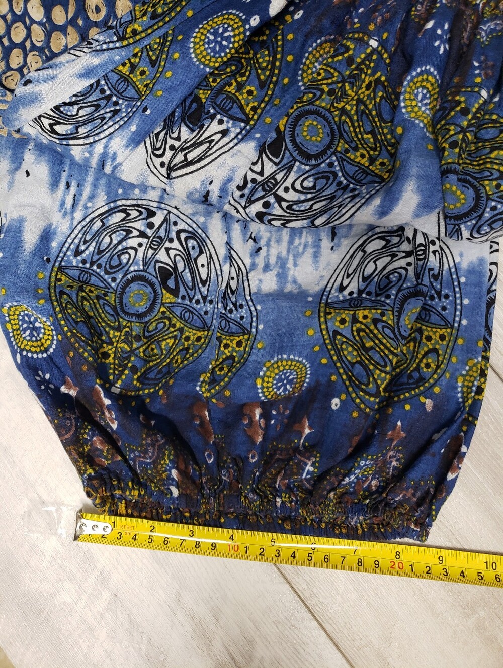 Boho Tie-Dye Harem Pants Blue Cream Mandala Print Smocked Waist Festival Hippie - Picture 7 of 12